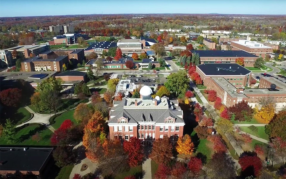 An aerial view of EMU's campus in the fall