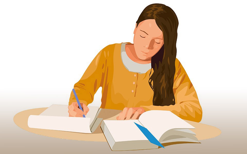 Simple illustration of young woman wearing orange shirt, studying at a table.
