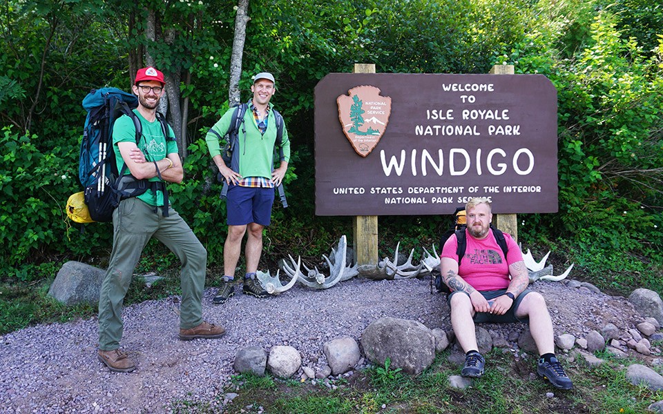 David Ullman (Northland College), Eric Portenga (EMU), Stephen Ogden (EMU Alum, 2019) in Isle Royale National Park.