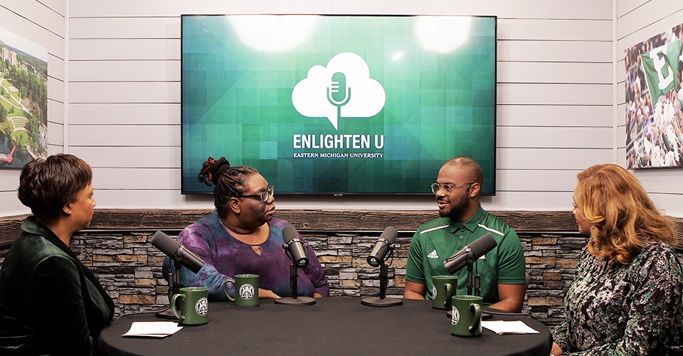 From left, Lolita Cummings, Veronica Brandon, Lamarr Mitchell, and Melissa Thrasher on the set of the "Enlighten U" video podcast.