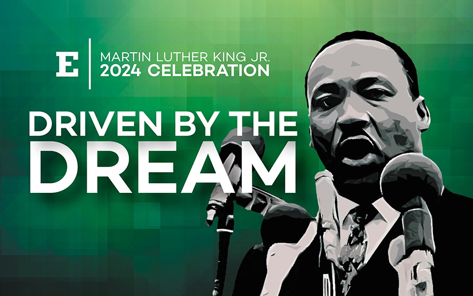 "Driven by the Dream" graphic with stylized B&W photo of MLK and a textured green background