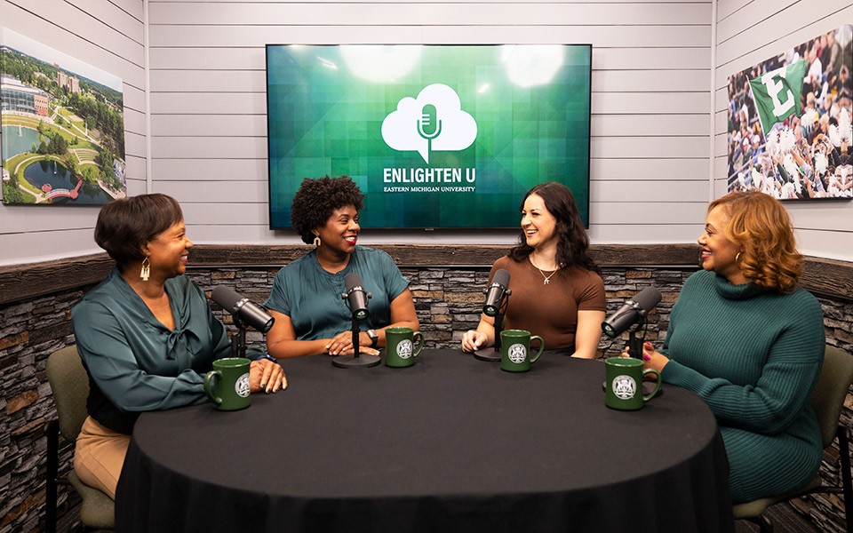 Lolita Cummings, Aesha Mustafa, Elena Davis, and Melissa Thrasher on the set of the "Enlighten U" video podcast.