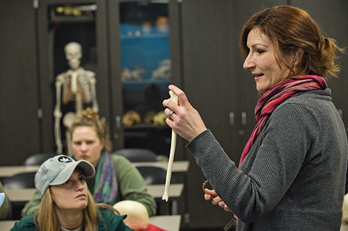 Megan Moore holds a cast of a human bone in osteology class.