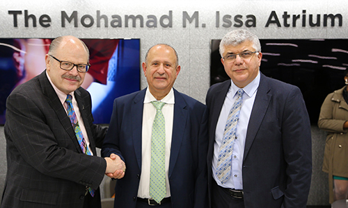 President Smith, Mohamad Issa and Dean Qatu at the dedication of the atrium named for Issa.