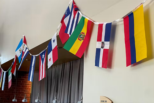 small international flags are displayed on the wall at a student event