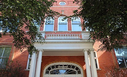 A view of the front entrance of Welch Hall