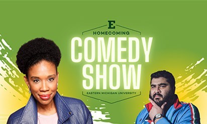 Joyelle Nicole Johnson and Sohrab Forouzesh headshots on a bright green background with text Comedy Show