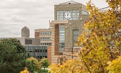 Halle Library clock tower in the fall.