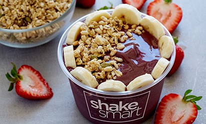 The organic acai bowl at Shake Smart includes healthy fruits, nuts and grains.
