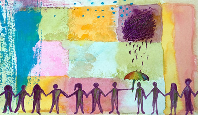 Watercolor illustration of silhouettes of many people protecting one from a raincloud with a colorful umbrella.