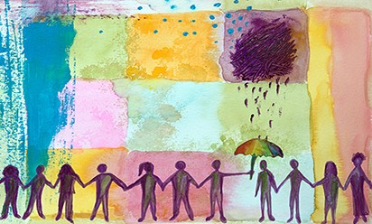 Watercolor illustration of silhouettes of many people protecting one from a raincloud with a colorful umbrella.