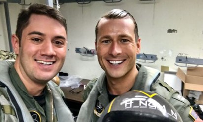 split screen of christian frasher in cockpit and with actor glen powell