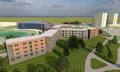 Architectural rendering of proposed residence halls showing an aerial view