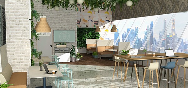 Kaitlyn Dorey's first place interior design rendering shows a space with large windows and greenery on the ceiling .