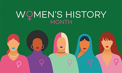 Women's History Month illustration featuring depictions of a diverse group of women in a minimalist art style.