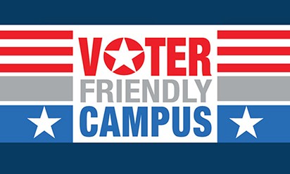 Voter Friendly Campus logo on a field of blue