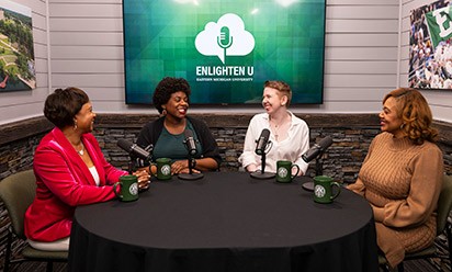 Lolita Cummings, Aesha Mustafa, Bri Burns, and Melissa Thrasher at the round table on video podcast set.