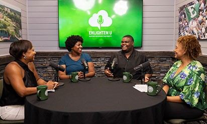 Lolita Cummings, Aesha Mustafa, Jahnavi Rambus, and Melissa Thrasher on the set of the Enlighten U video podcast.