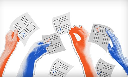 red, white and blue hands holding paper ballots