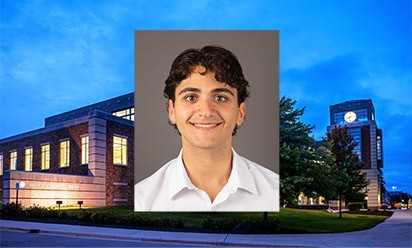 Khatab Alkhashali headshot on a background photo of Halle Library at dusk.