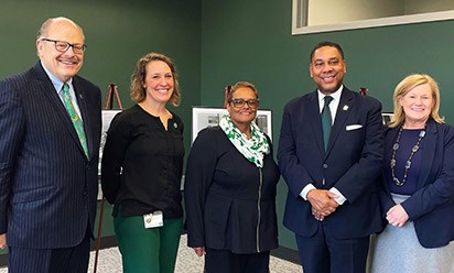 From left to right: President James Smith, Alexis Braun Marks University Archivist, Rhonda Fowler University Librarian, Regent Nathan Ford, Provost Rhonda Longworth