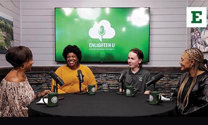 Lolita Cummings, Aesha Mustafa, Hugh Thorp, and Melissa Thrasher on the set of the "Enlighten U" video podcast.