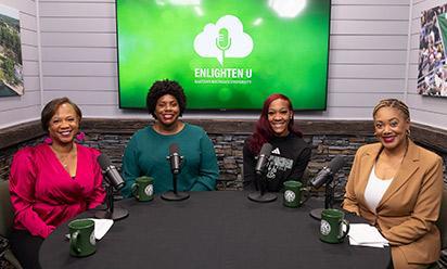 Lolita Cummings, Aesha Mustafa, Kyra Buffen, and Melissa Thrasher on the set of the "Enlighten U" video podcast.