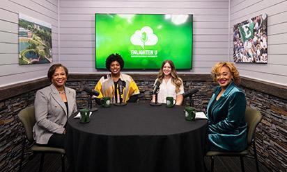 Lolita Cummings, Aesha Mustafa, Bella Cannon, and Melissa Thrasher on the set of the "Enlighten U" video podcast.