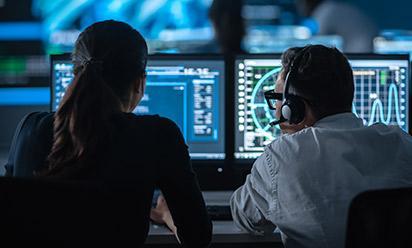 Two people looking at computer monitors