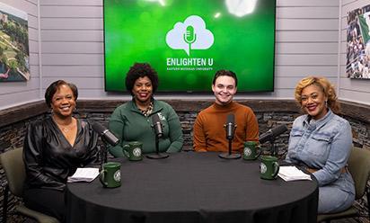 Lolita Cummings, Aesha Mustafa, Gavin Millard, and Melissa Thrasher on the set of the "Enlighten U" video podcast.