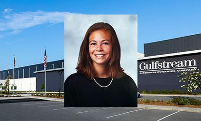 Cecilia Vesperman headshot and an exterior view of Gulfstream Aerospace