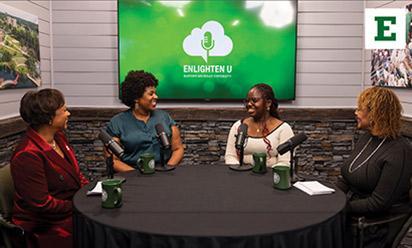 Lolita Cummings, Aesha Mustafa, Treasure Affia, and Melissa Thrasher on the set of the "Enlighten U" video podcast.