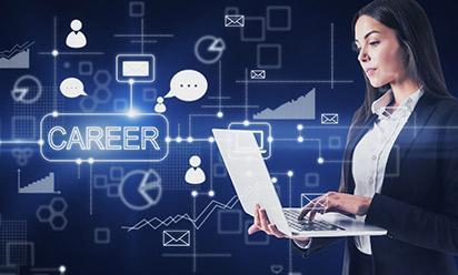 Digital marketing for career concept with high-tech icons and business woman on a laptop.