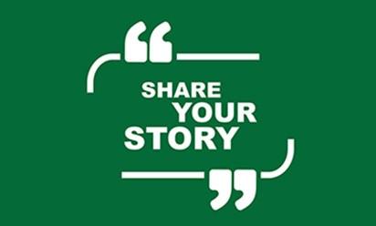 green box with white text that reads share your story