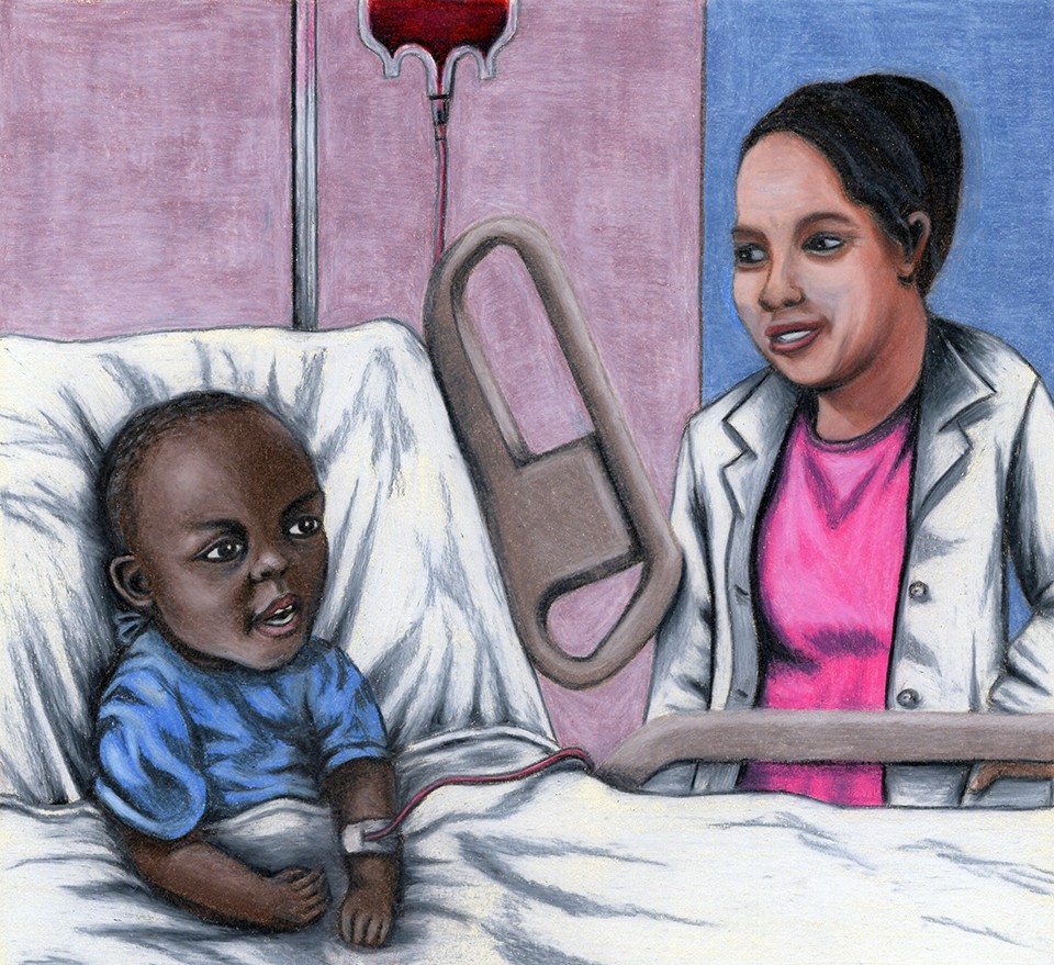 An illustration from the children's book about Sickle Cell Anemia showing Dr. Shurney and young patient in the hospital.