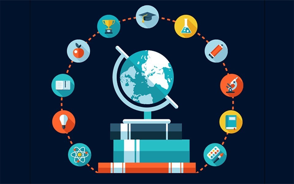 Colorful illustration of a globe on a stack of books with small educational icons surrounding it.