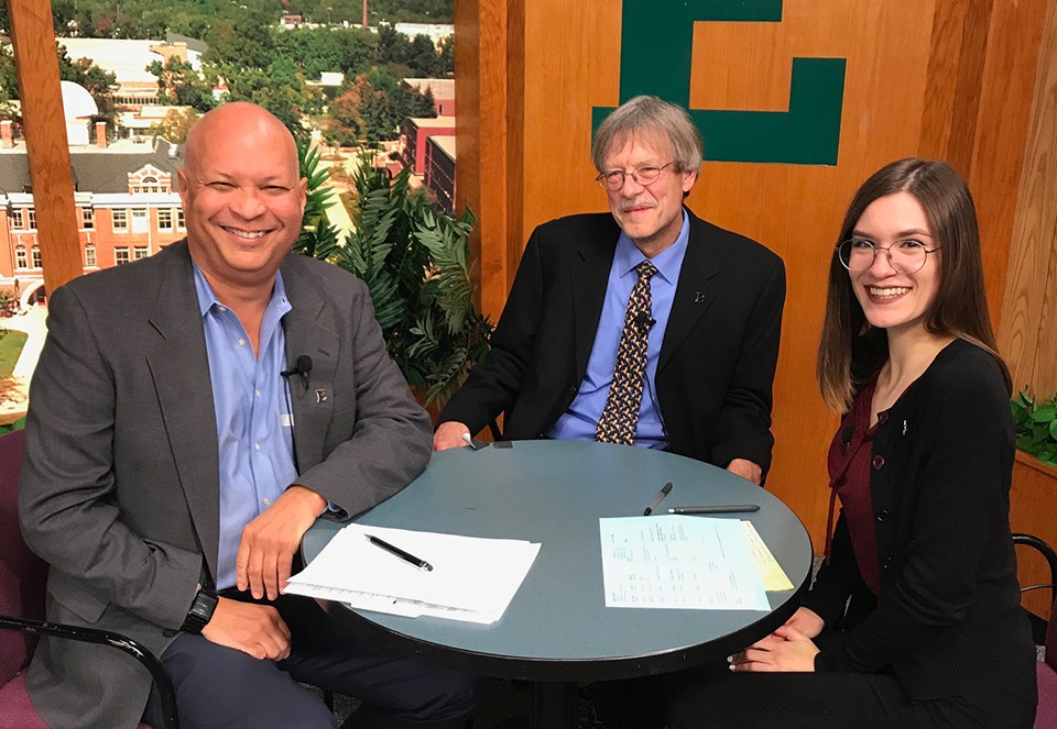 Mark S. Lee, Professor Ray Quiel and Sarah Poteracki on the set of EMU Today TV.