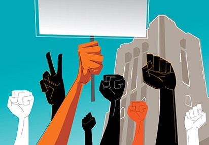 Stylized illustration of hands up in the air with a picket sign at a protest in front of Pierce Hall.
