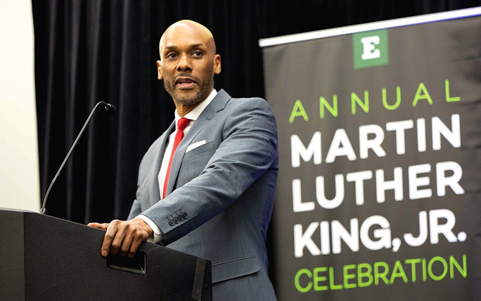 Keith Boykin speaks from the podium at the MLK event.