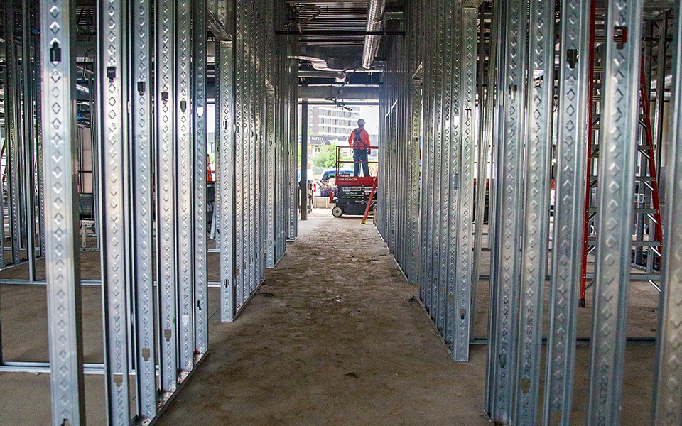 Steel supports inside the new Health Center under construction