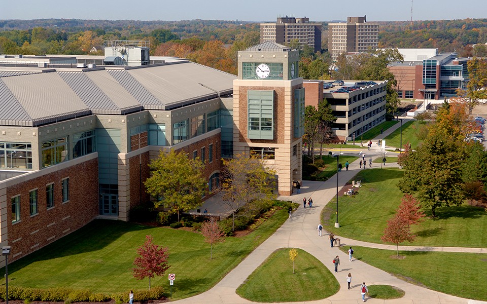 EMU campus aerial featuring Halle Library
