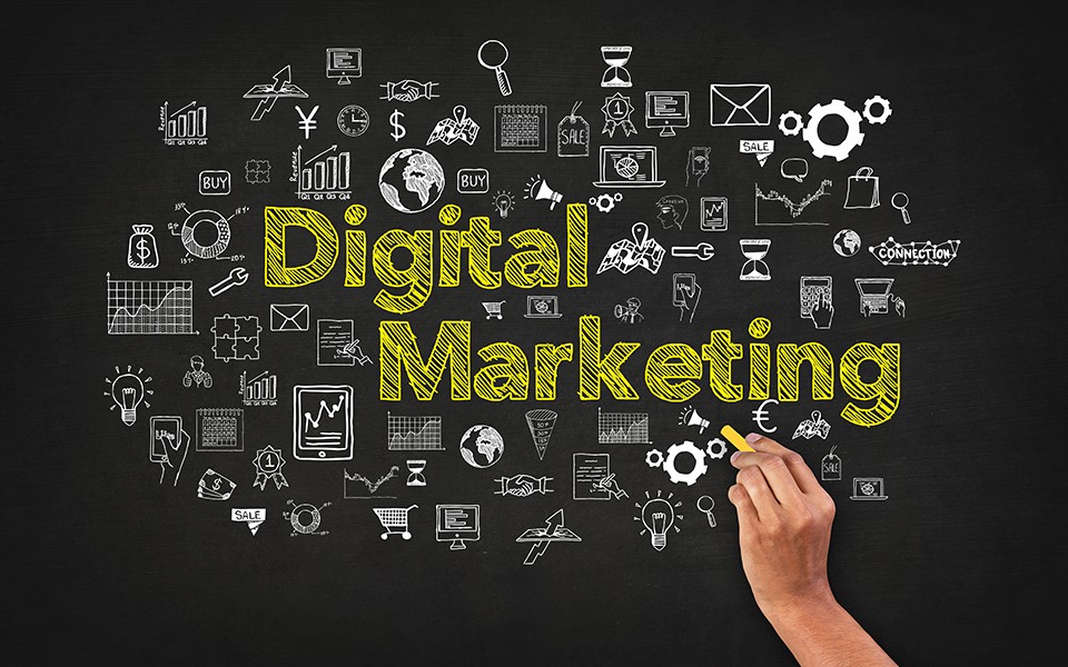 illustration of digital marketing written on a blackboard with icons