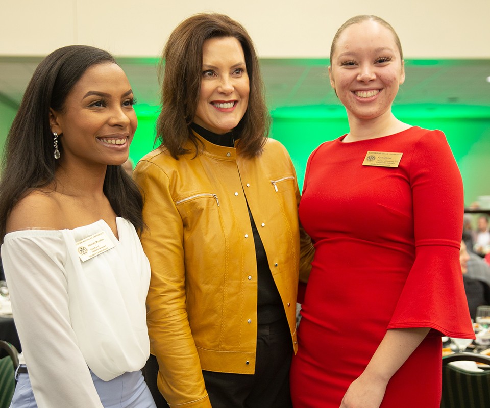 Allanah Morales, Gov. Gretchen Whitmer and Kyra Mitchell at 2020 MLK luncheon.