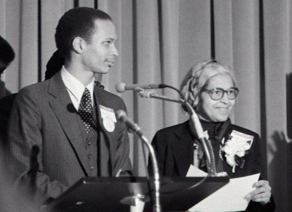 Mark S. Lee and Rosa Parks at EMU in 1982.