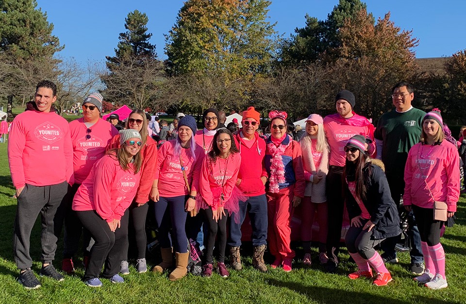 EMU student chapter of the national Society for HR Management group at a Breast Cancer walk in 2019 wearing pink shirts.