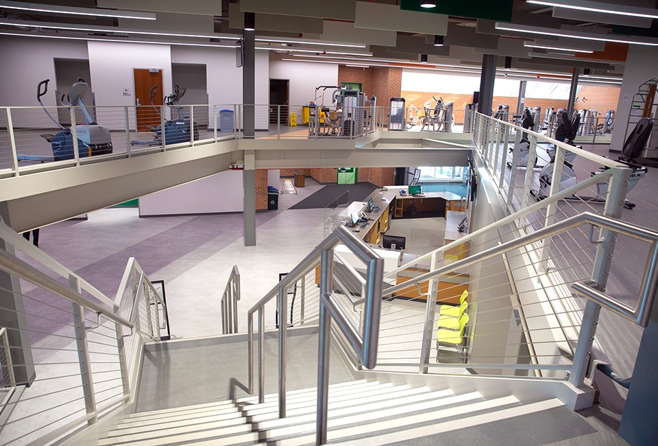 The newly-renovated interior of the Rec/IM Levels 1 and 2 with open clean space and natural light
