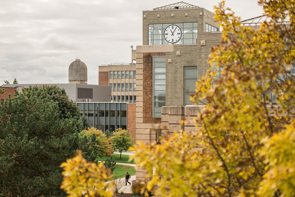 View of the clock at Halle Library and the water tower with fall color on campus