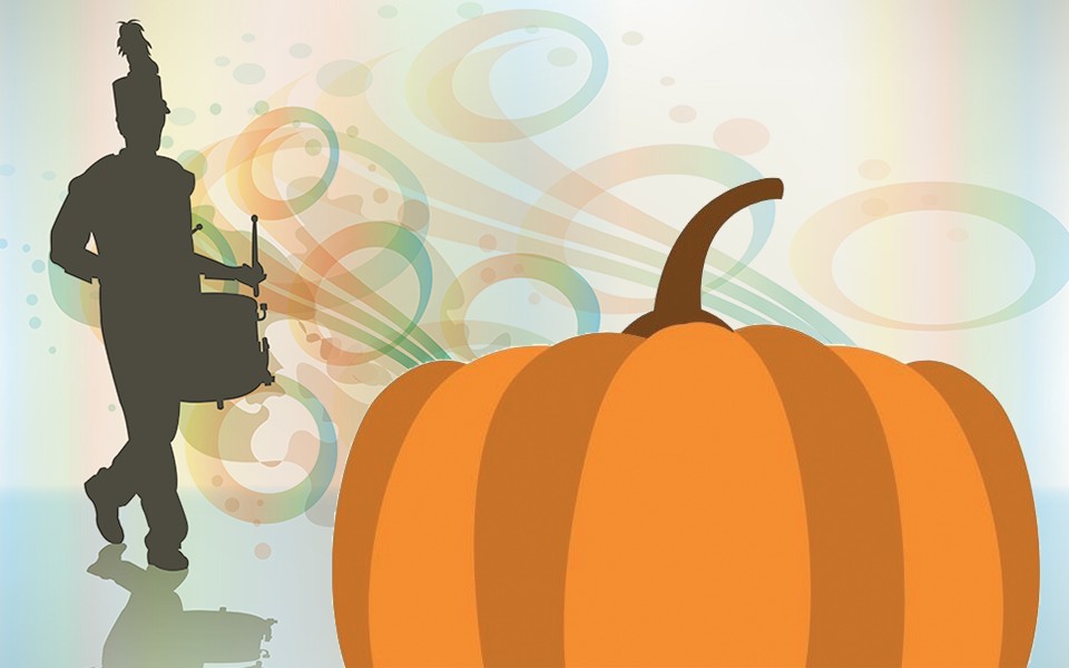 Illustration of a marching band drummer with a pumpkin in the foreground.