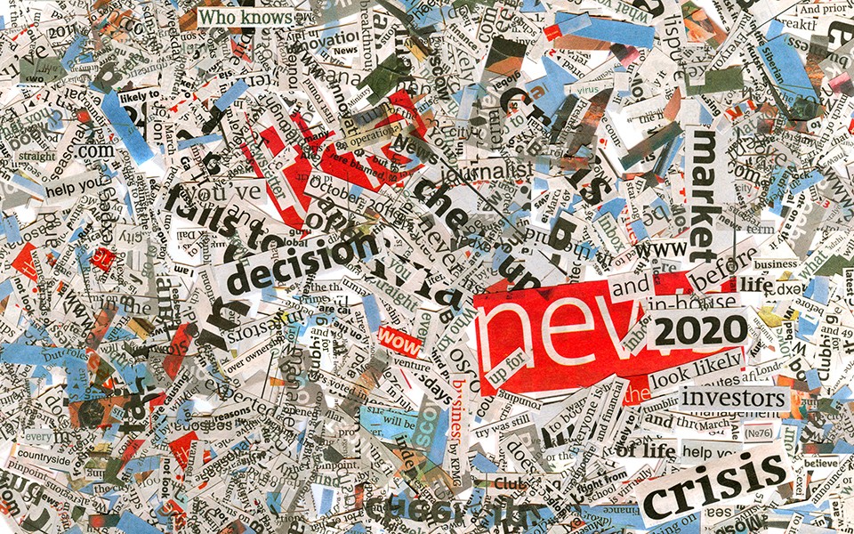 A collage of various words cut from different newspaper headlines