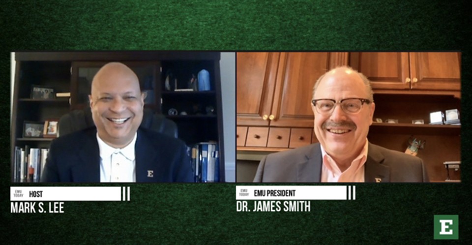 Screen shot showing Mark Lee and President Smith in a virtual interview on EMU Today TV.
